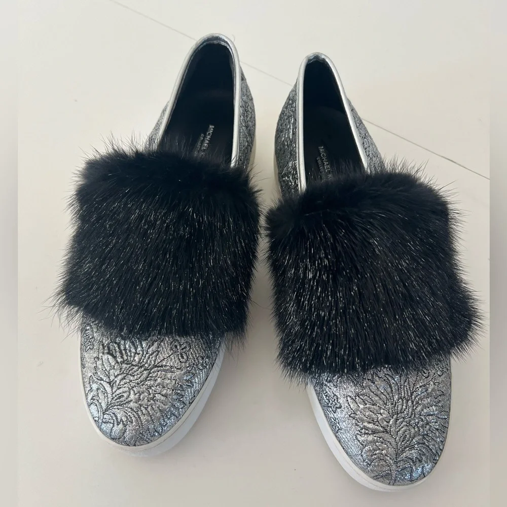 Michael Kors Collection Silver Metallic Jacquard Slip-On Mink Fur Platform Shoes